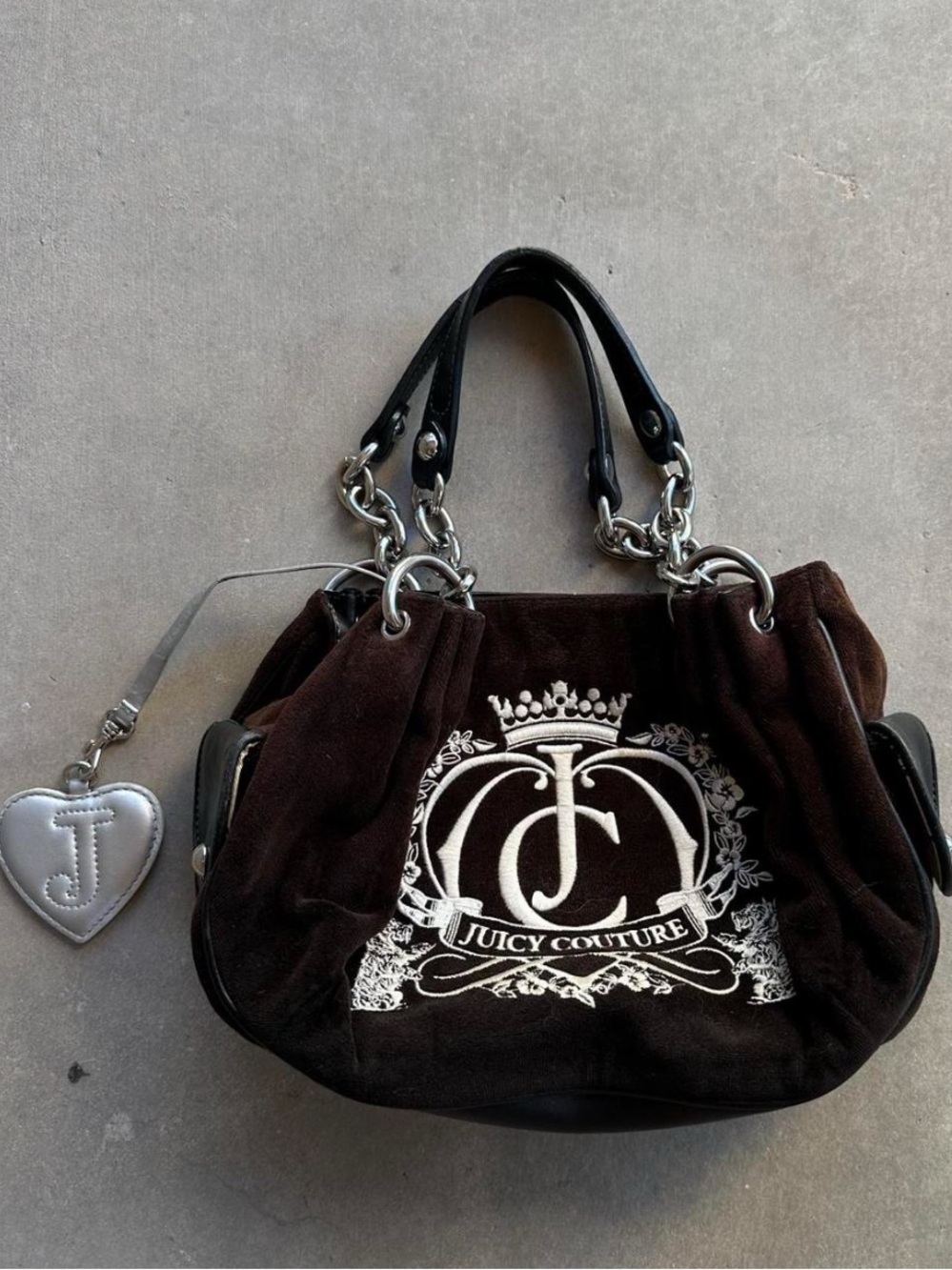 Juicy Couture Chocolate Brown Velvet Shoulder Bag with Silver Heart Charm